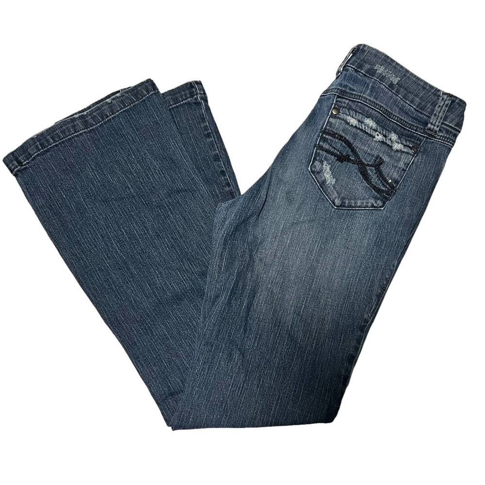DKNY Mid-Rise Distressed Flare Jeans Sequins On Pockets SZ 8